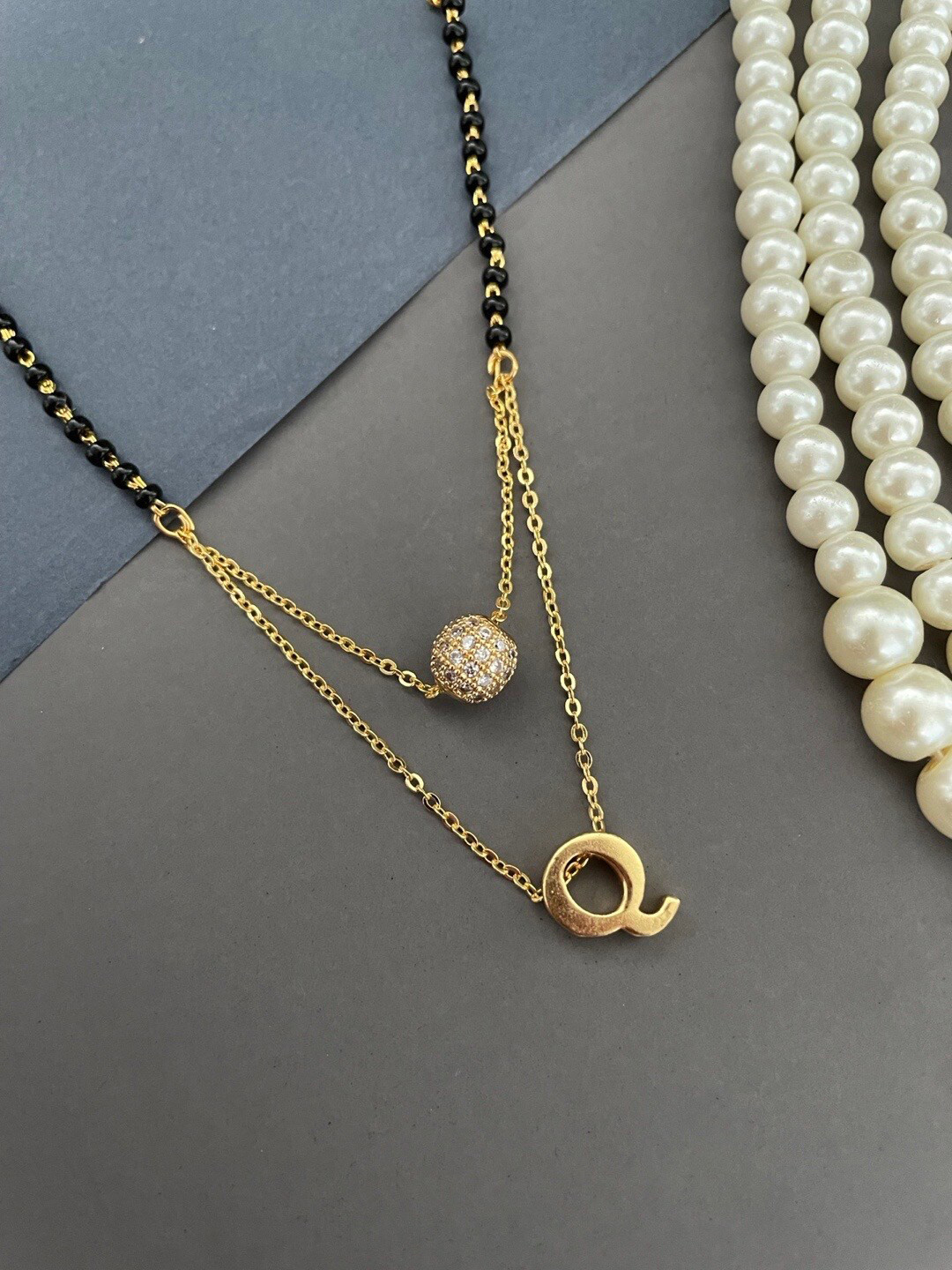 Digital Dress Room Gold-Plated Stone-Studded & Beaded Double Layer Q Pendant Mangalsutra