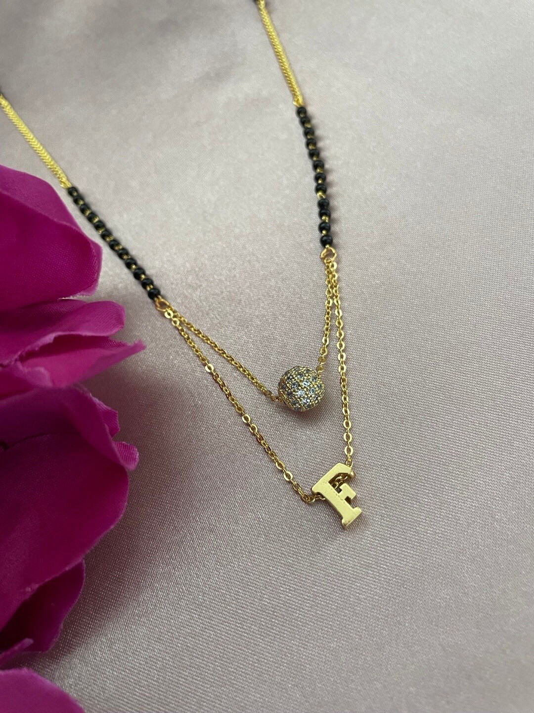 Digital Dress Room Gold-Plated F Letter Shape AD Stone-Studded Ball & Beaded Mangalsutra