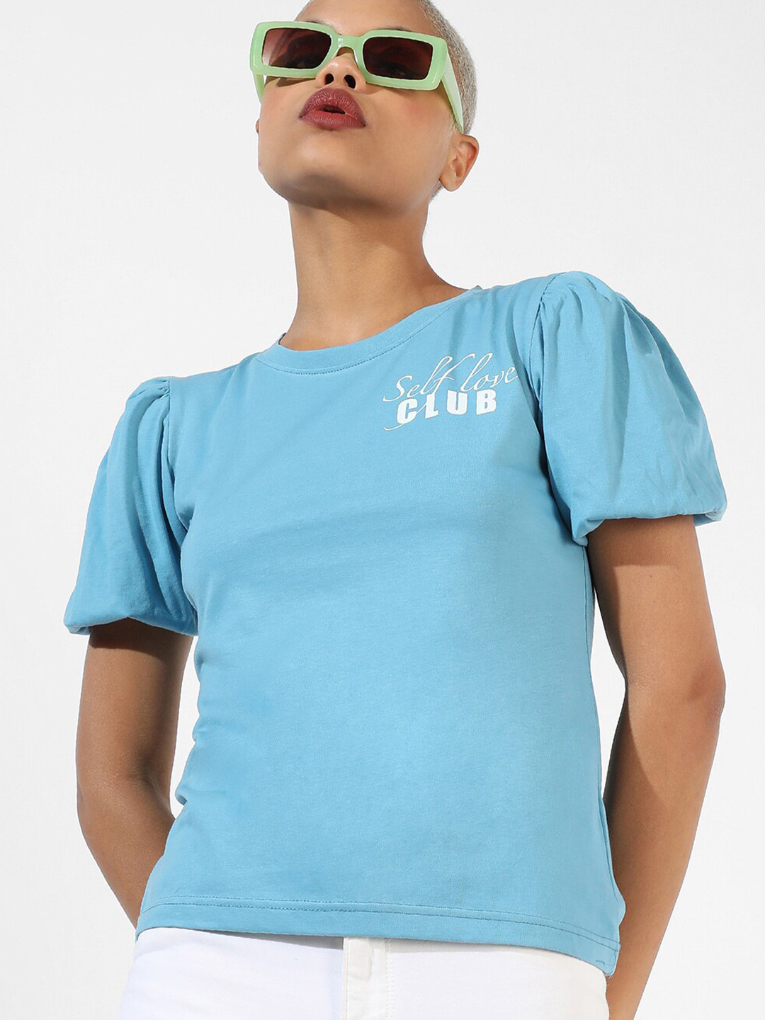 Campus Sutra Square Neck Puff Sleeve Regular Cotton Top