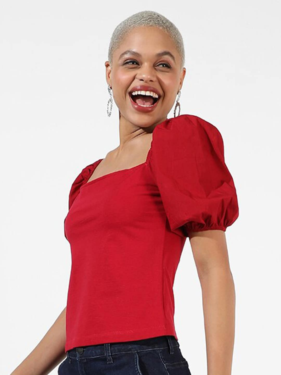 Campus Sutra Square Neck Puff Sleeve Cotton Top