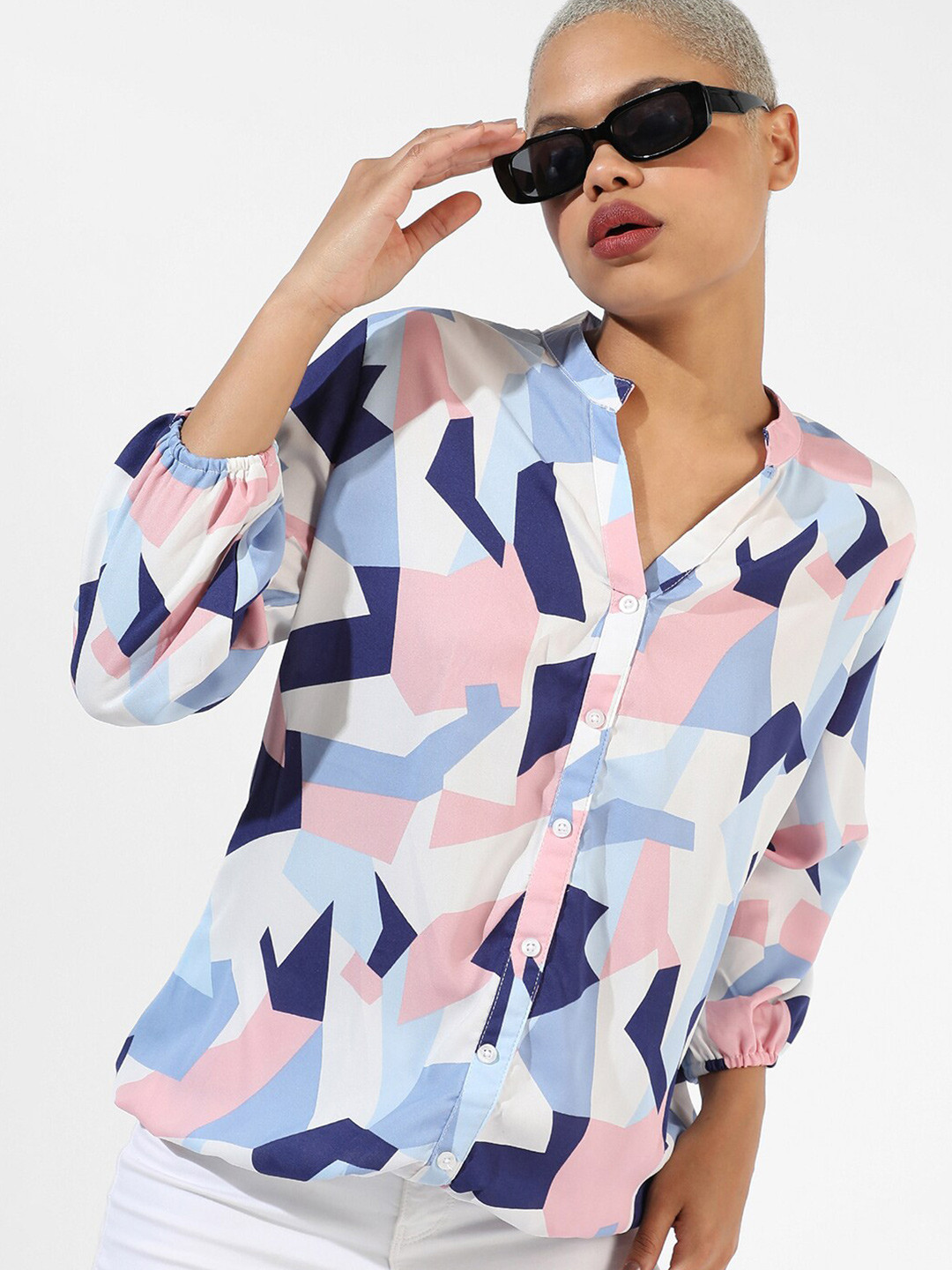 Campus Sutra Band Collar Abstract Printed Crepe Shirt Style Top