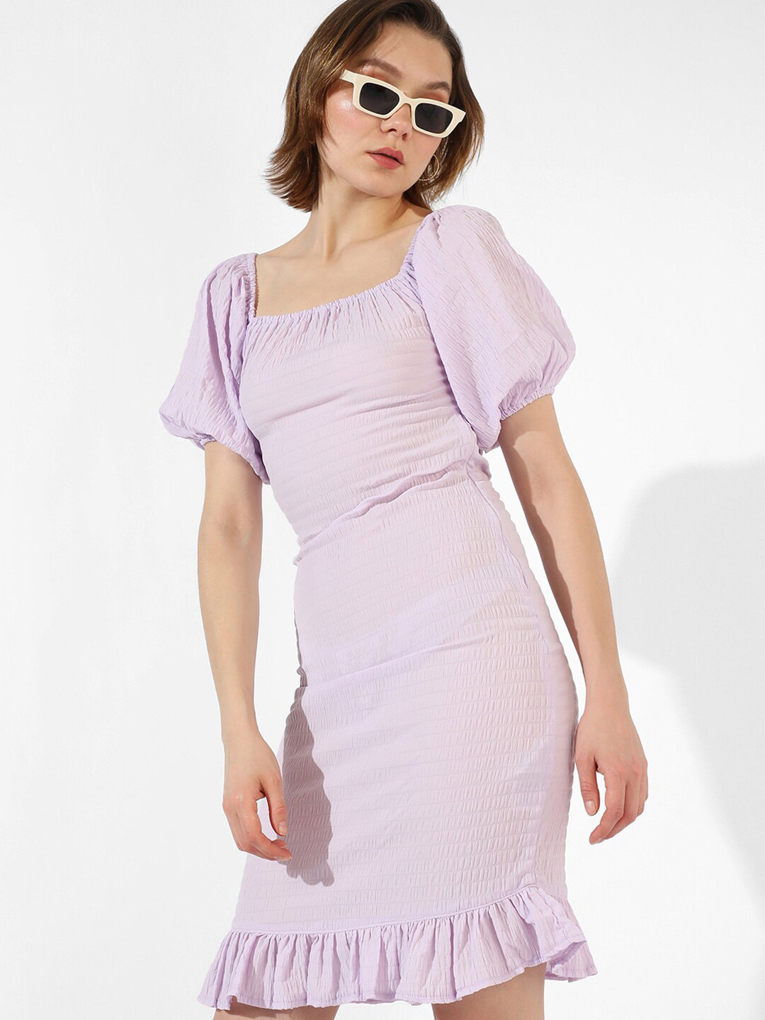 Campus Sutra Smocked Puff Sleeve Sheath Dress