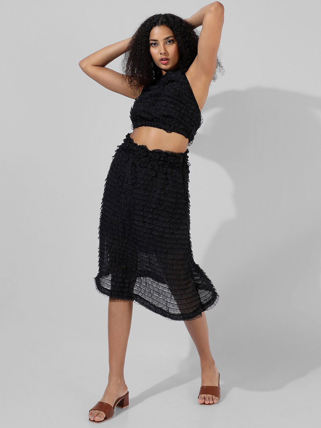 Campus Sutra Self-Design Top With A-line Skirt Co-Ords