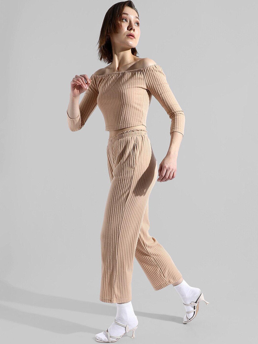 Campus Sutra Self-Design Pure Cotton Crop Top With Trouser Co-Ords