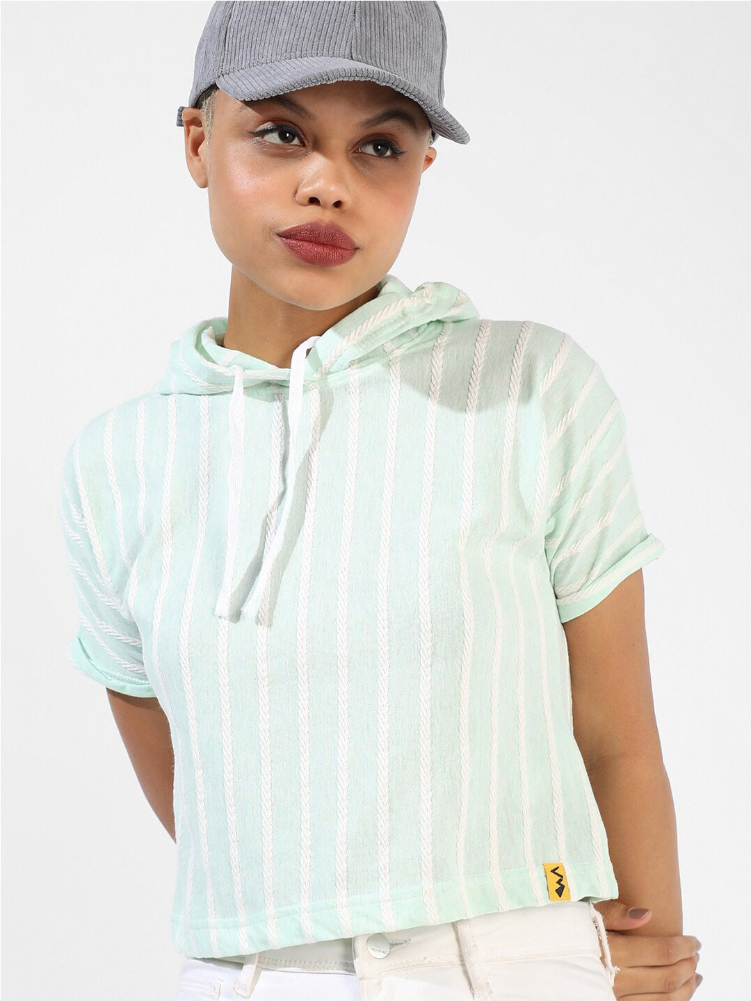 Campus Sutra Vertical Striped Hooded Cotton Crop Top