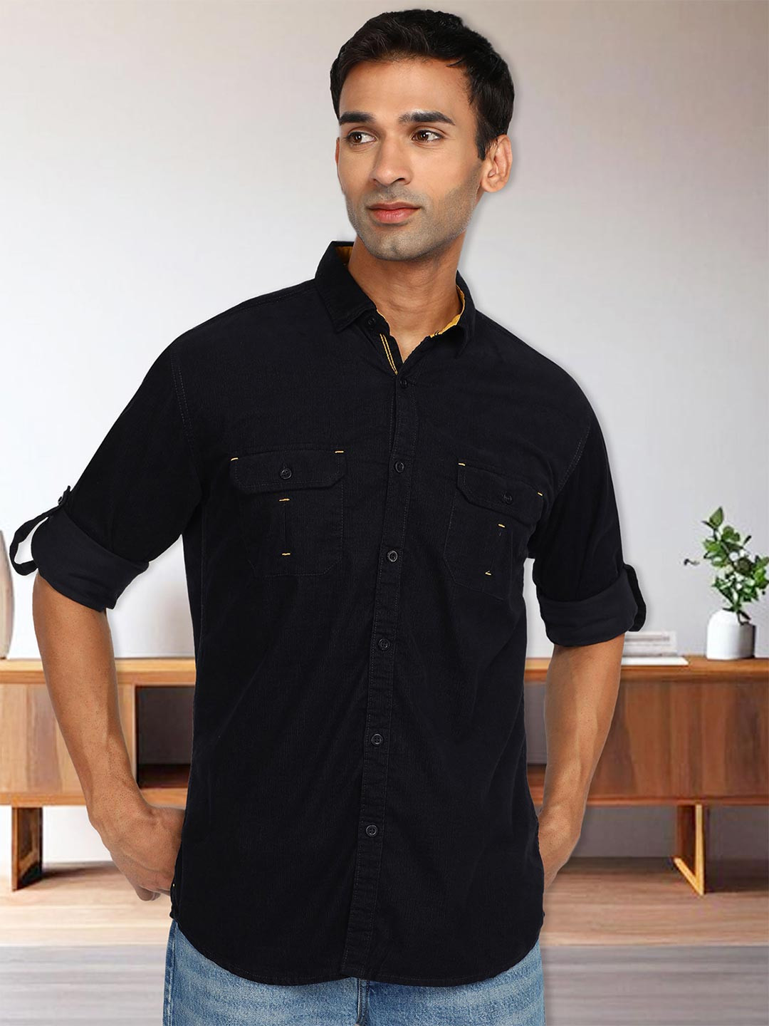 Kuons Avenue Smart Slim Fit Rolled-Up Sleeves Corduroy Casual Shirt