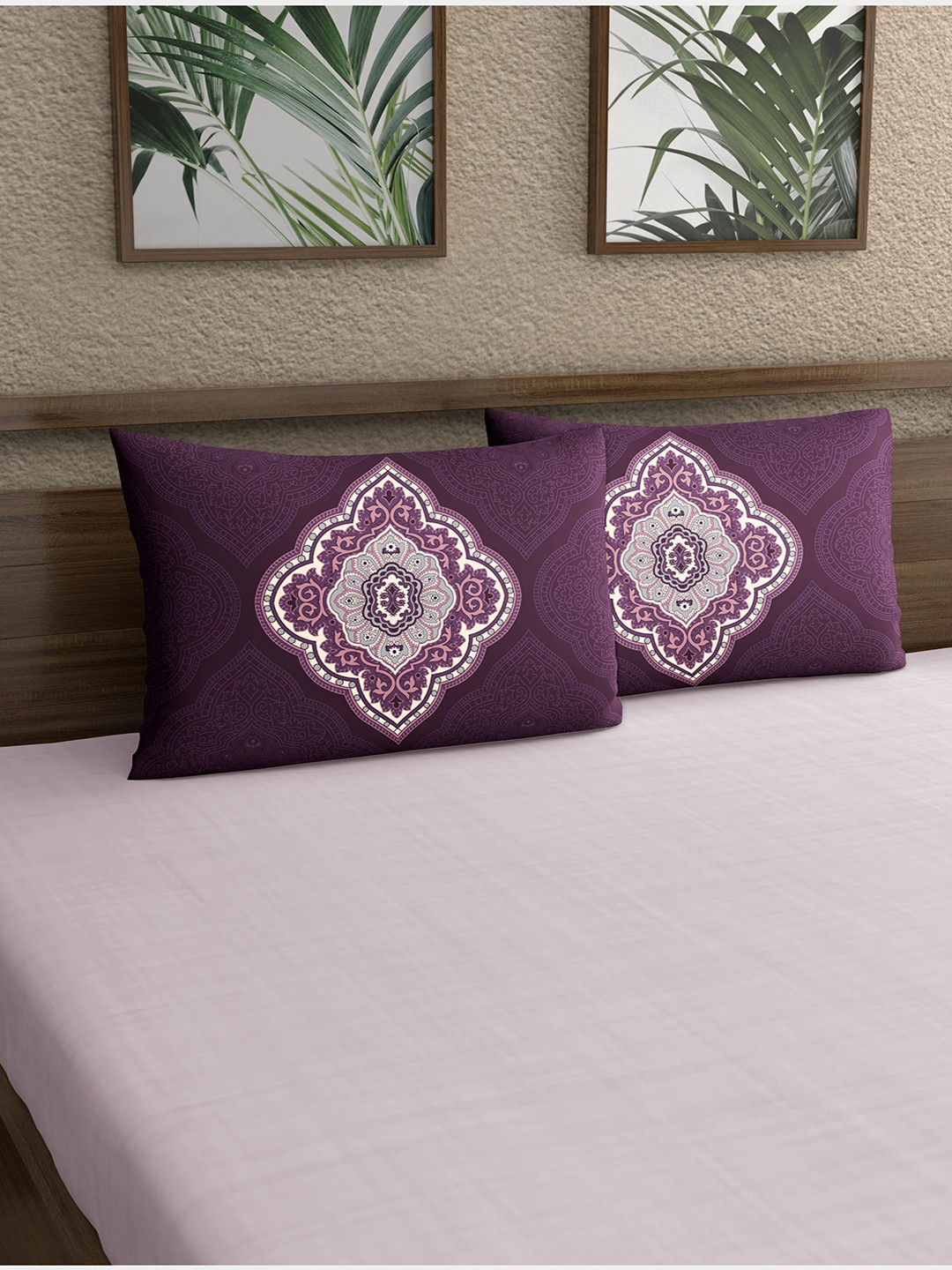 Dreamscape Purple & White 2-Pieces Ethnic Motif Printed 140 TC Pure Cotton Pillow Covers