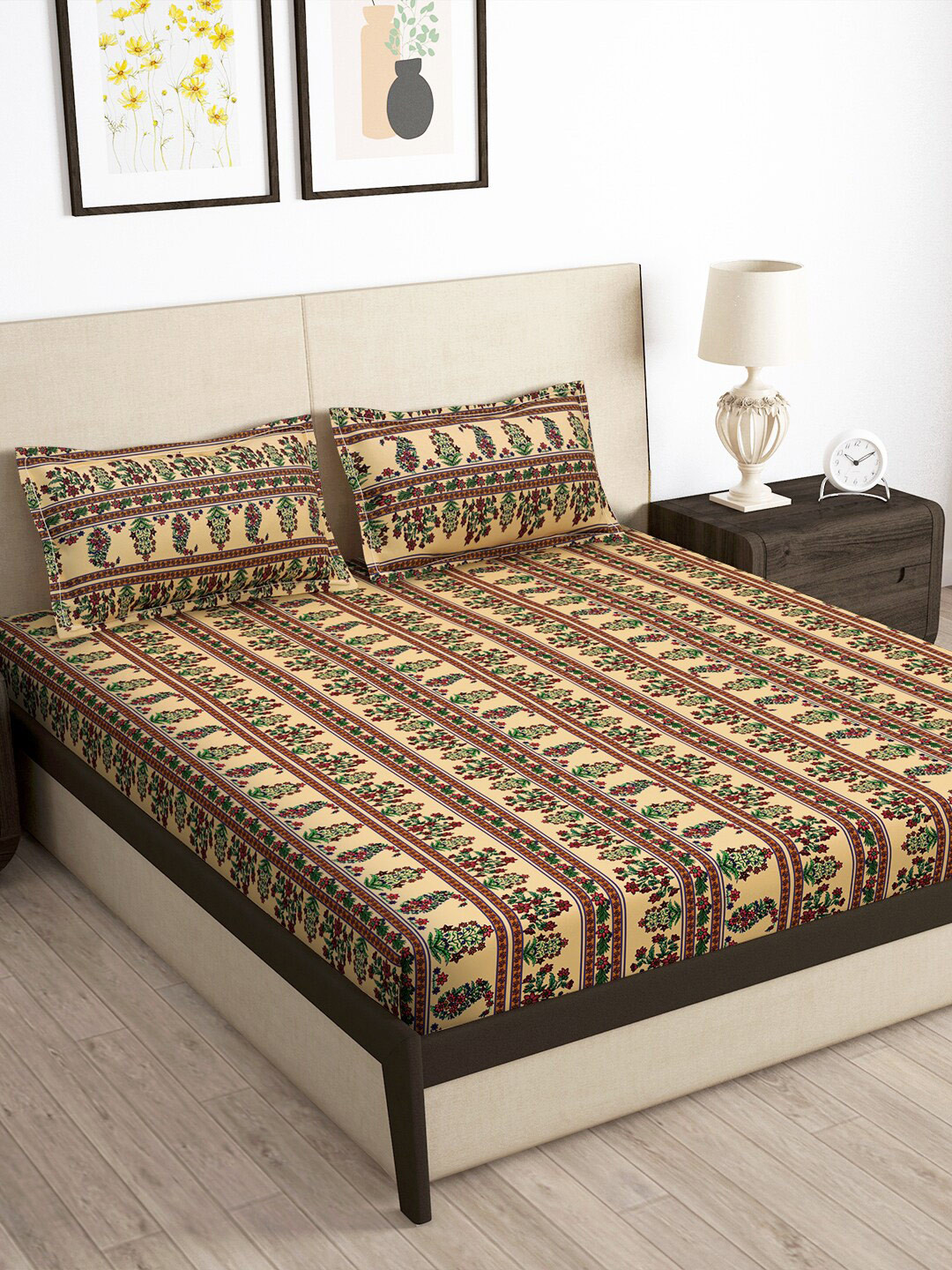 Story@home Arena Beige Ethnic Motifs Polyester 180 TC Queen Fine Bedsheet with 2 Pillow Covers-89 x 98 inches