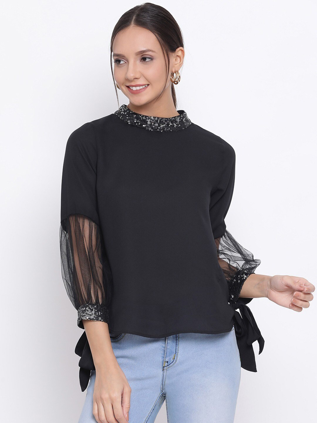 ALL WAYS YOU High Neck Embellished Tie Up Puff Sleeve Crepe Top
