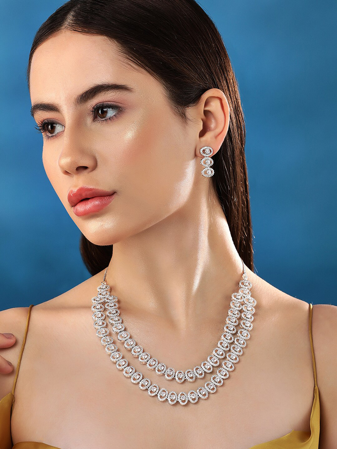 Rubans Rhodium Plated Premium White Round Zircons Studded Double Layer Jewellery Set.