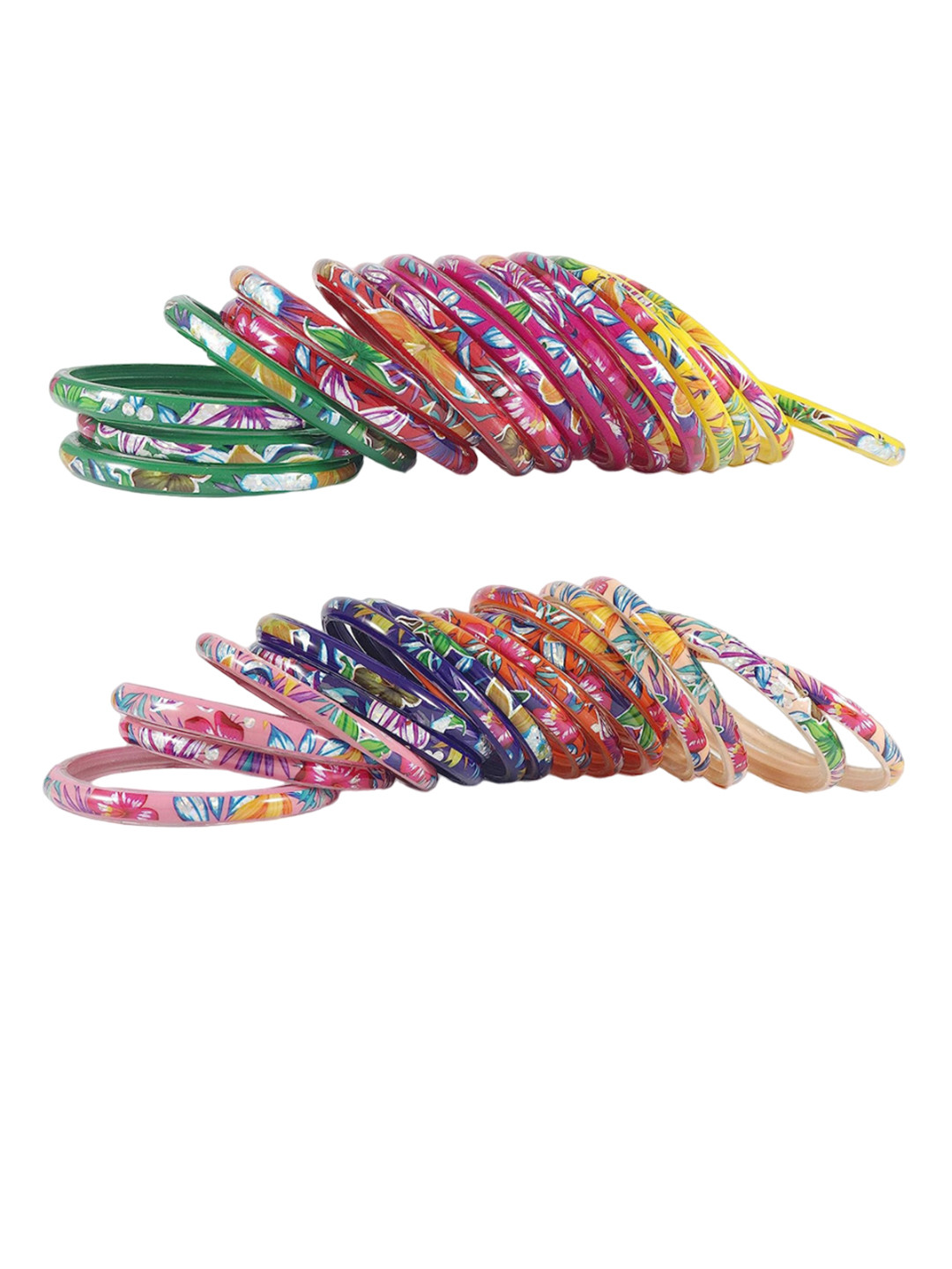 NMII Set Of 32 Flower & Leaf Pattern Glossy Finished Kada Bangles