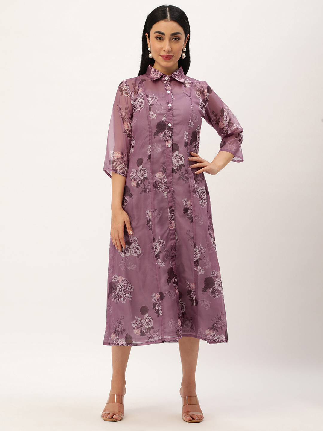 Ethnovog Floral Print Shirt Midi Dress with Inner
