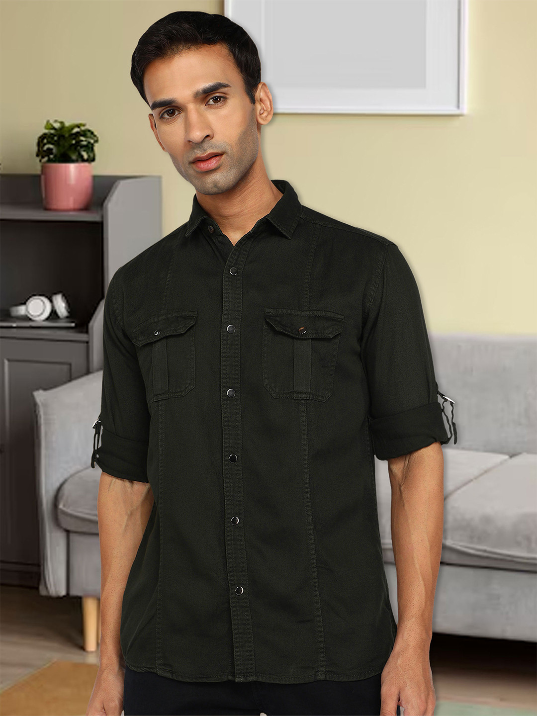 Kuons Avenue Smart Slim Fit Rolled-Up Sleeves Denim Shirt