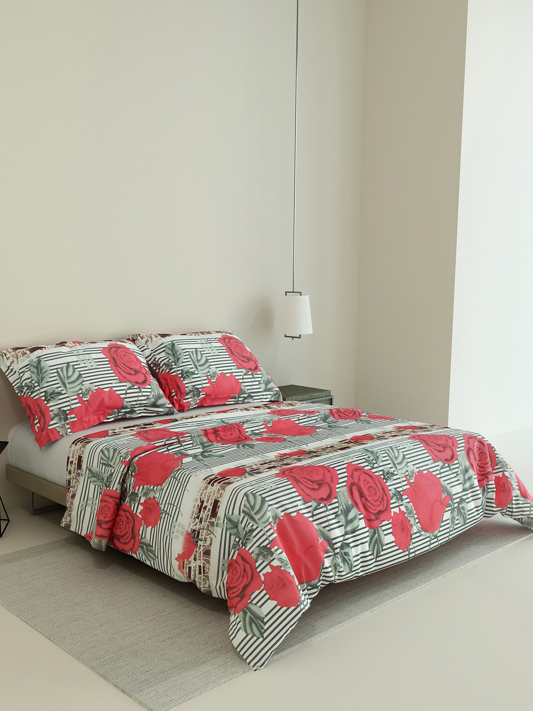 LABHAM Rose Garden Green Floral Pure Cotton Super Soft 160 TC King Bedsheet with 2 Pillow Covers-100 x 88 inches