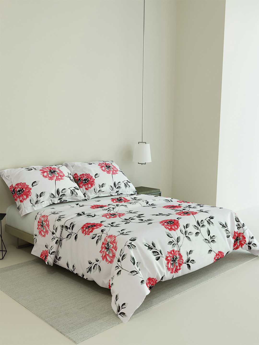 LABHAM Rose Garden White Floral Cotton 180 TC King Fine Bedsheet with 2 Pillow Covers-100 x 88 inches