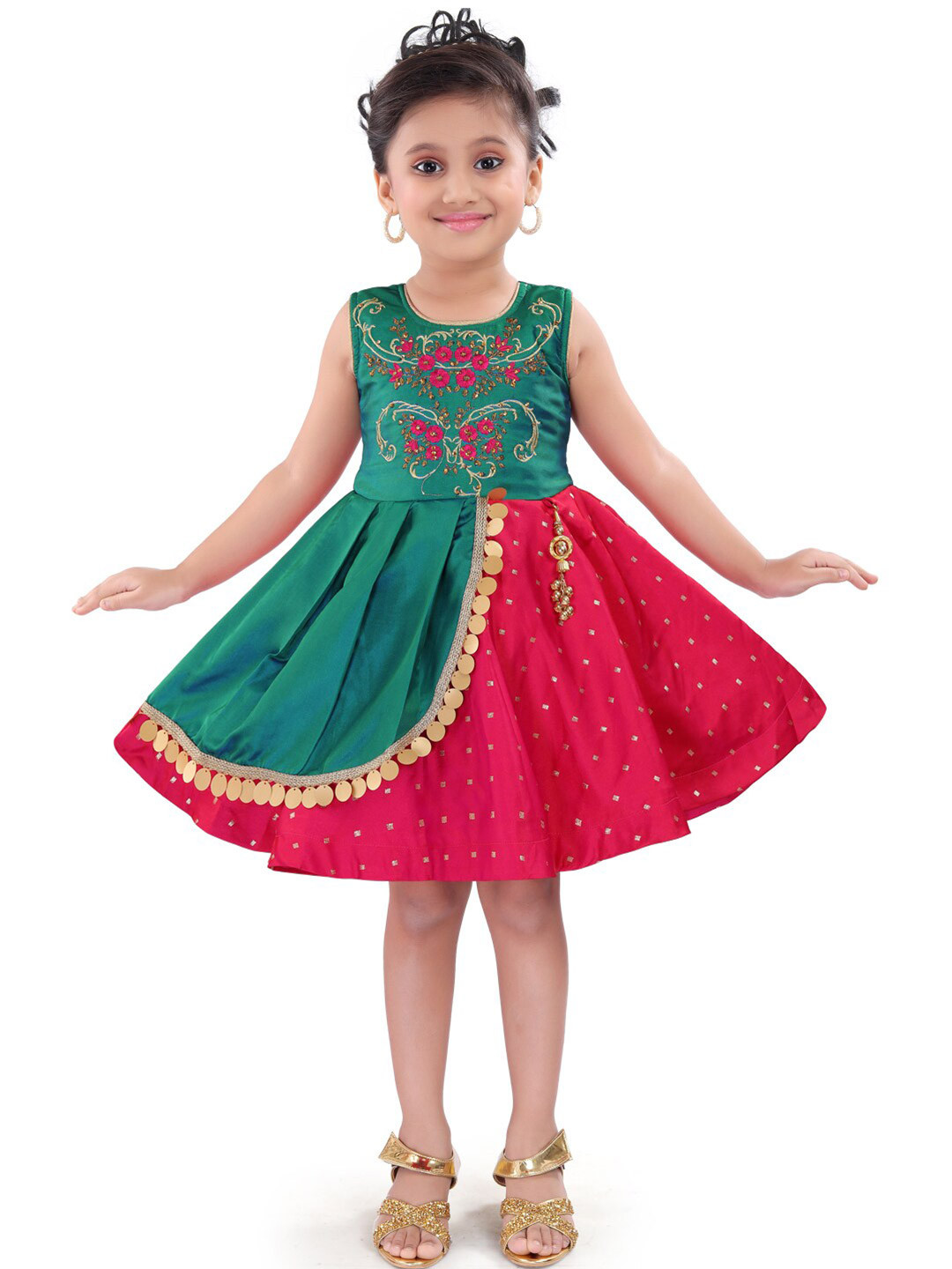Wish Karo Girls Floral Embroidered Silk Fit & Flare Ethnic Dresses