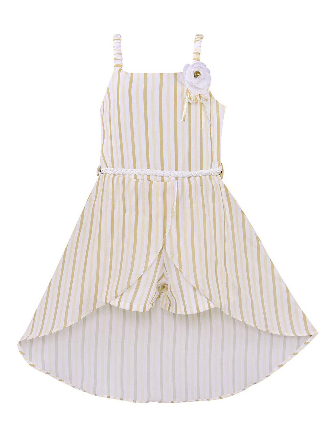 Wish Karo Girls Shoulder Straps Striped Tulip Satin A-Line Dress With Belt