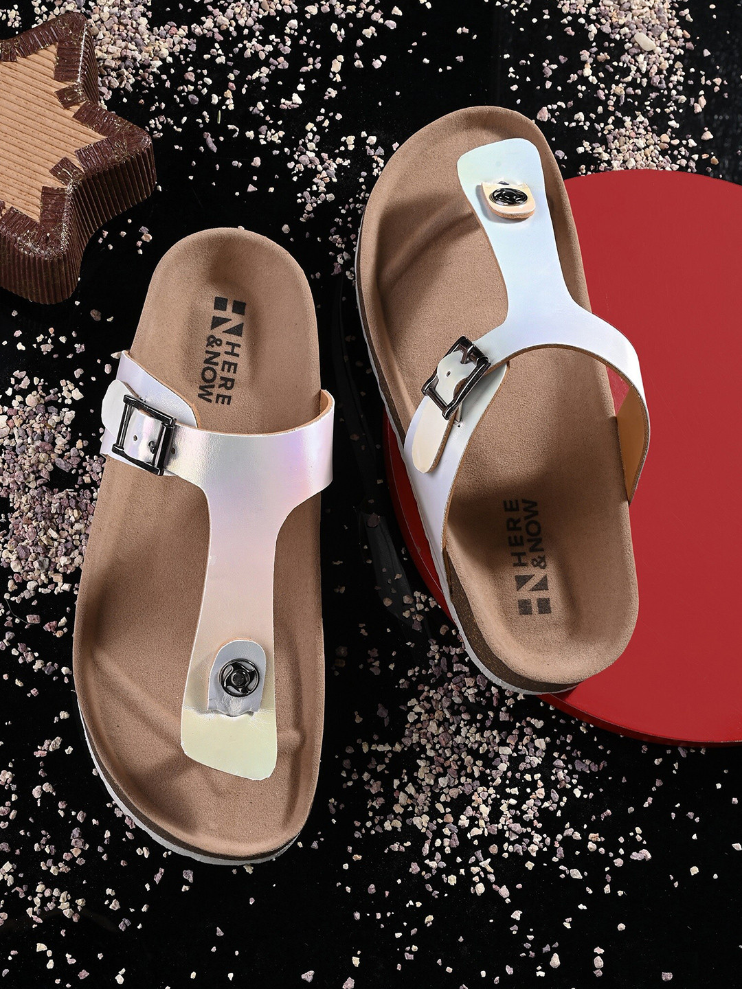 HERE&NOW Textured Open Toe T-Strap Flats Buckles details