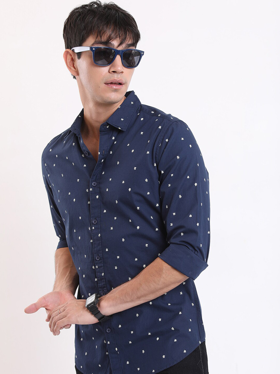 HIGHLANDER Navy Blue Micro Ditsy Printed Long Sleeves Slim Fit Cotton Casual Shirt