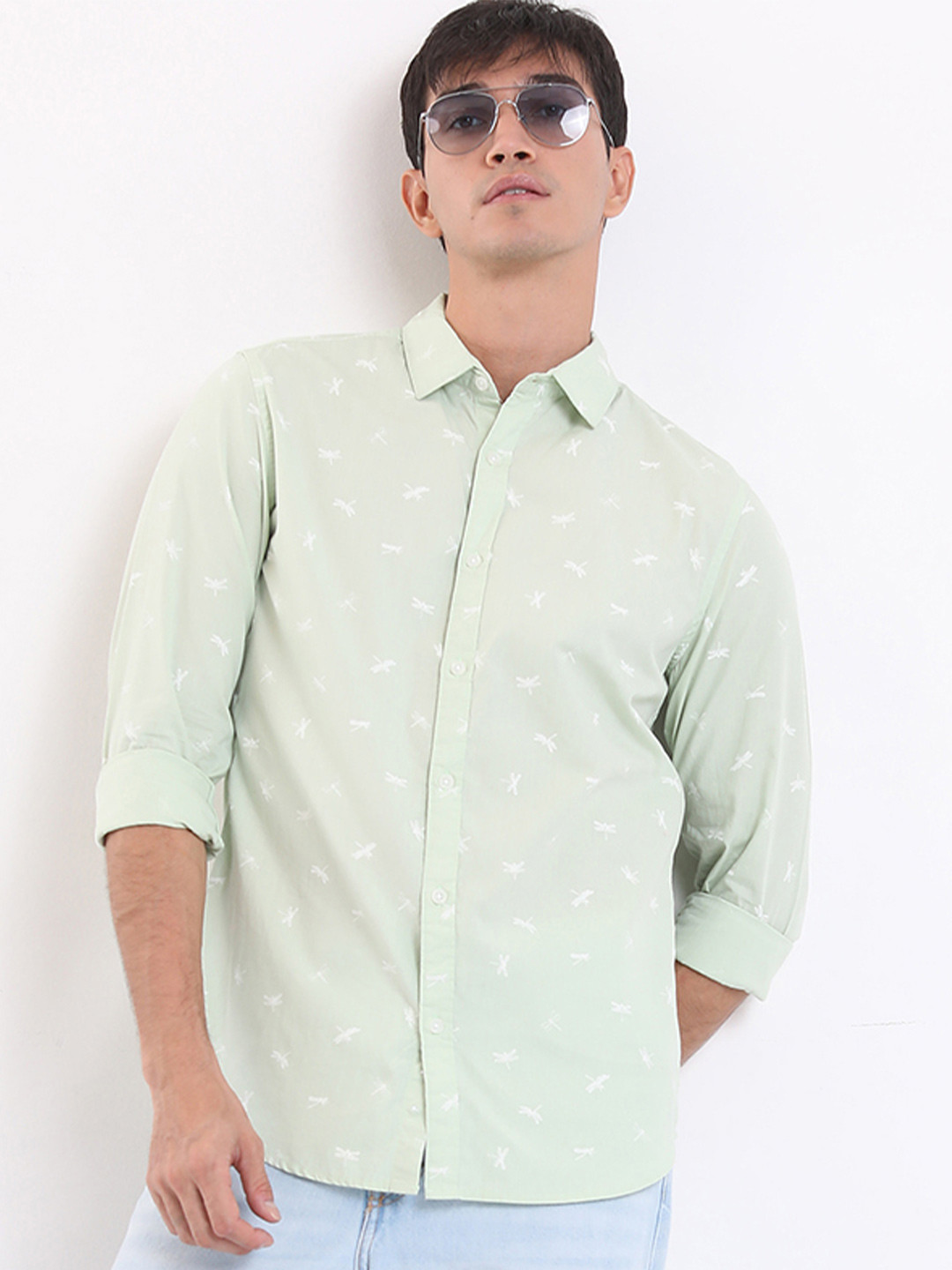 HIGHLANDER Green Slim Fit Conversational Printed Cotton Casual Shirt
