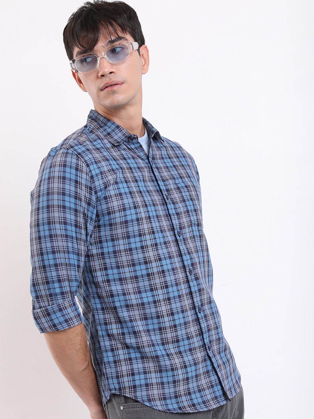 HIGHLANDER Blue Checked Long Sleeves Slim Fit Casual Shirt