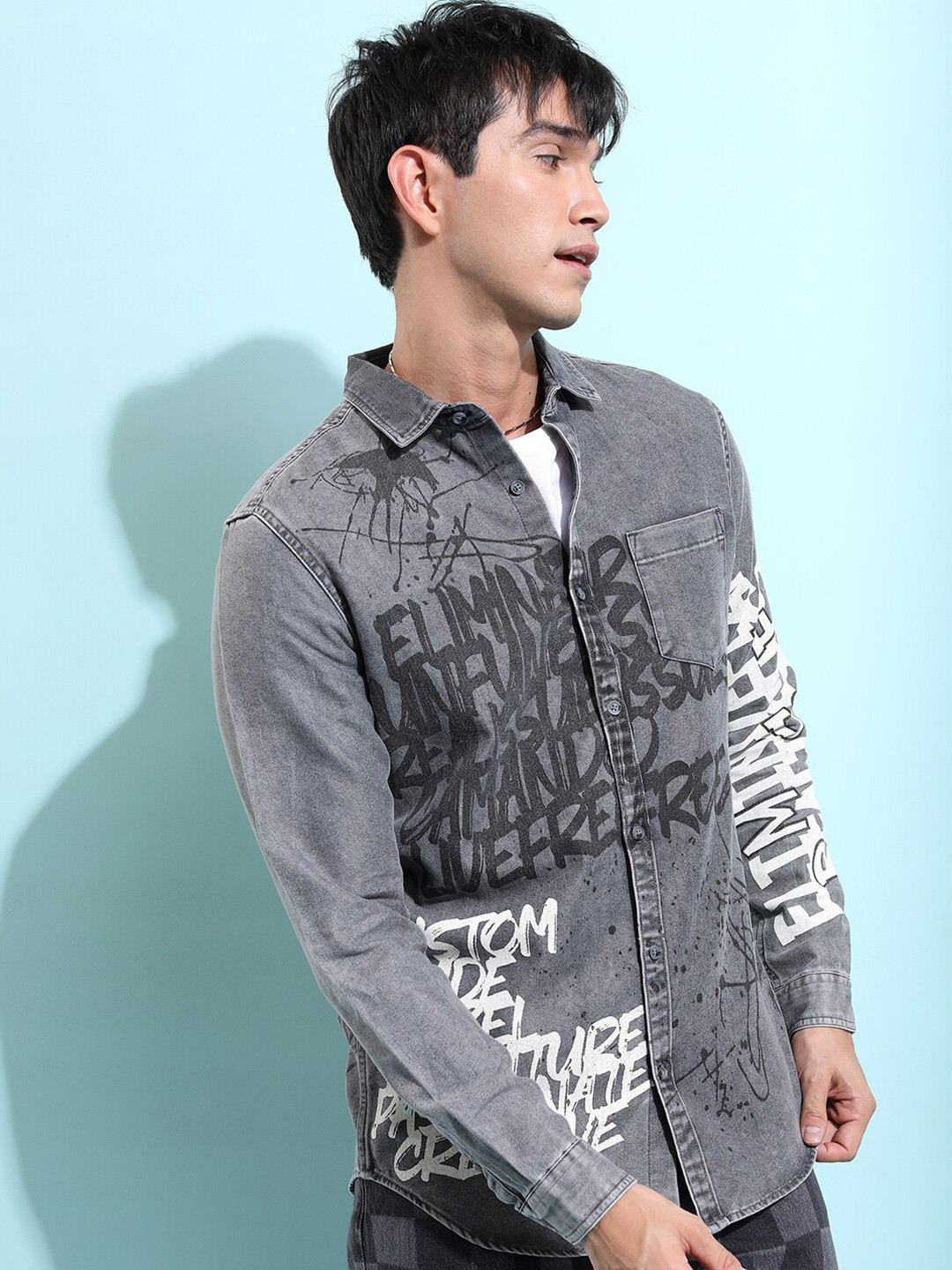 KETCH Slim Fit Typography Printed Casual Denim Shirt