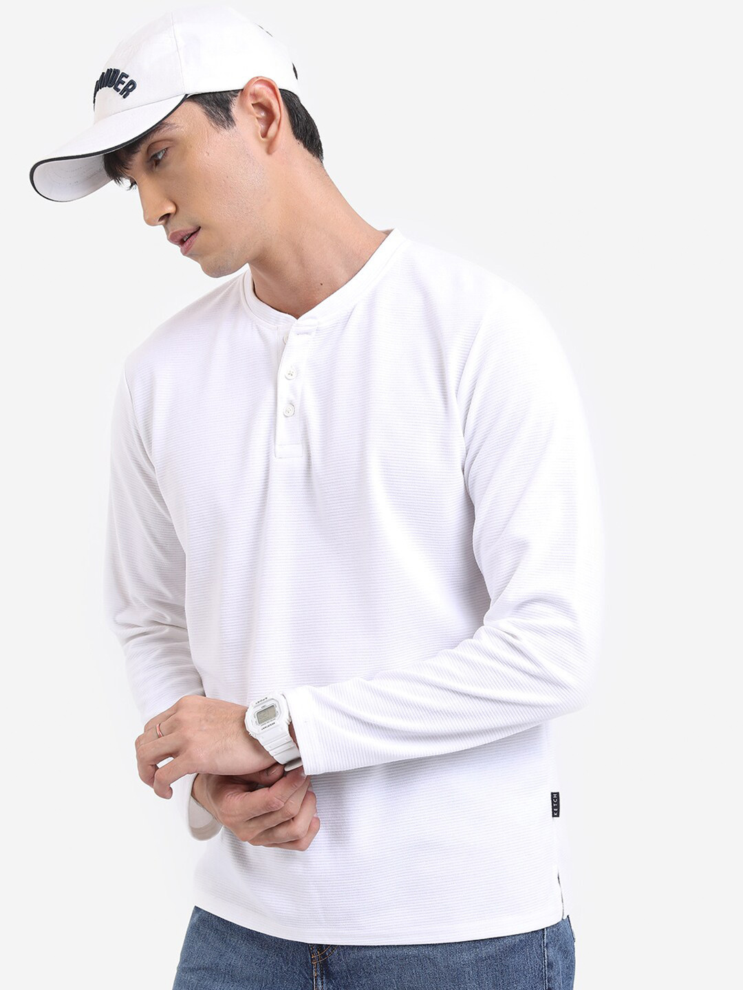 KETCH Men Henley Neck Regular Fit Popcorn Structured Tshirt