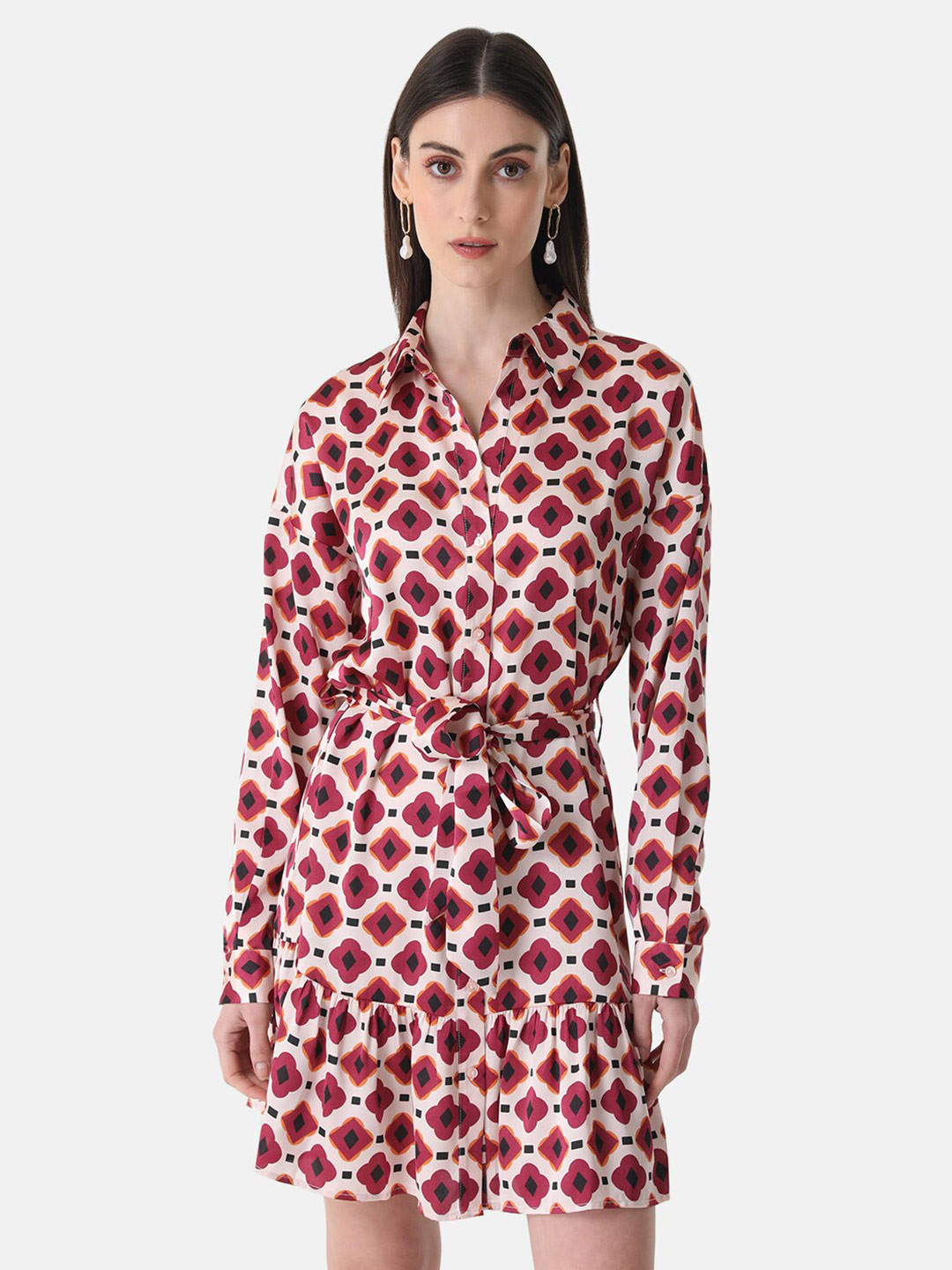 Kazo Floral Printed Satin Shirt Dress With Belt