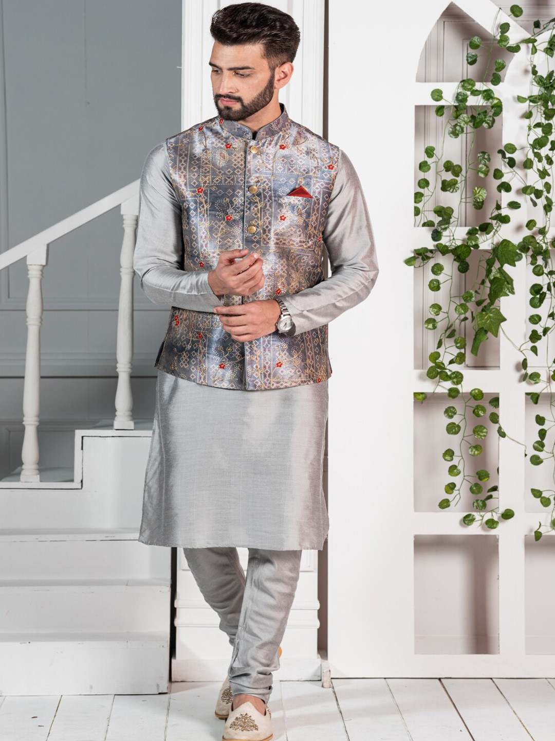 KISAH Mandarin Collar Long Sleeves Kurta & Churidar With Printed Nehru Jacket
