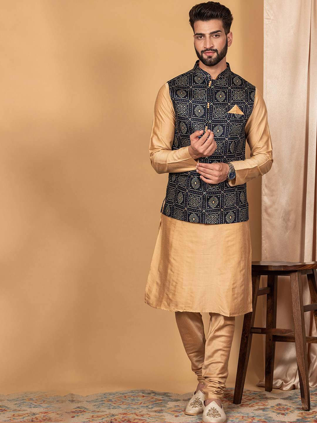 KISAH Mandarin Collar Long Sleeves Kurta & Churidar With Printed Nehru Jacket