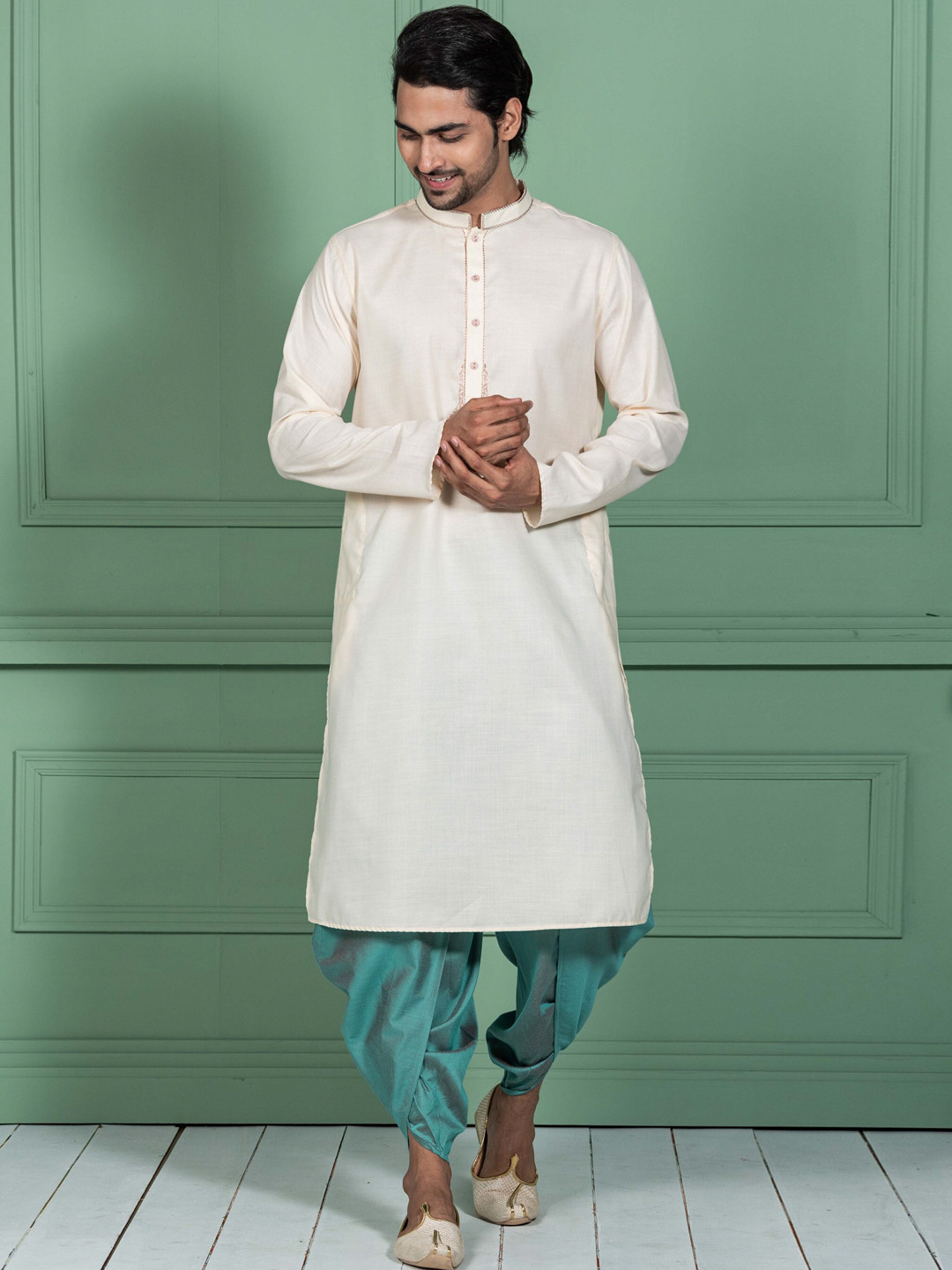 KISAH Thread Work Mandarin Collar Straight Kurta with Dhoti Pants