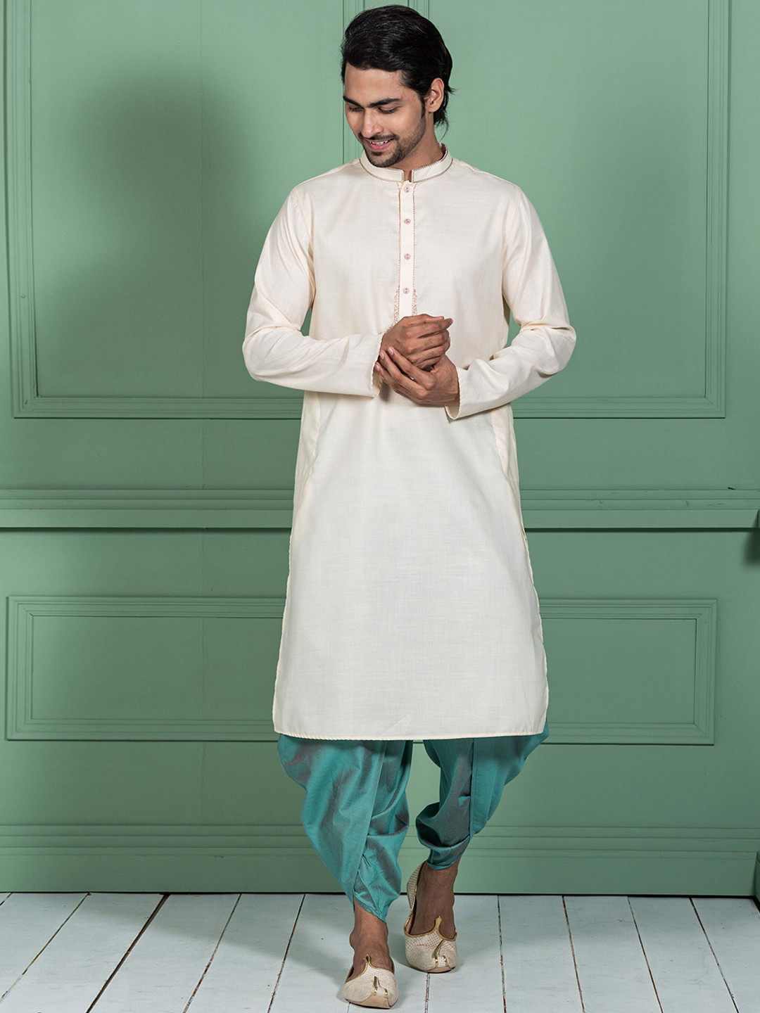 KISAH Men Mandarin Collar Long Sleeves Kurta & Dhoti Pants Set