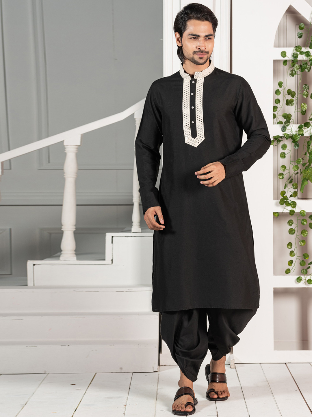 KISAH Men Mirror Work Mandarin Collar Regular Kurta With Dhoti Pants Set