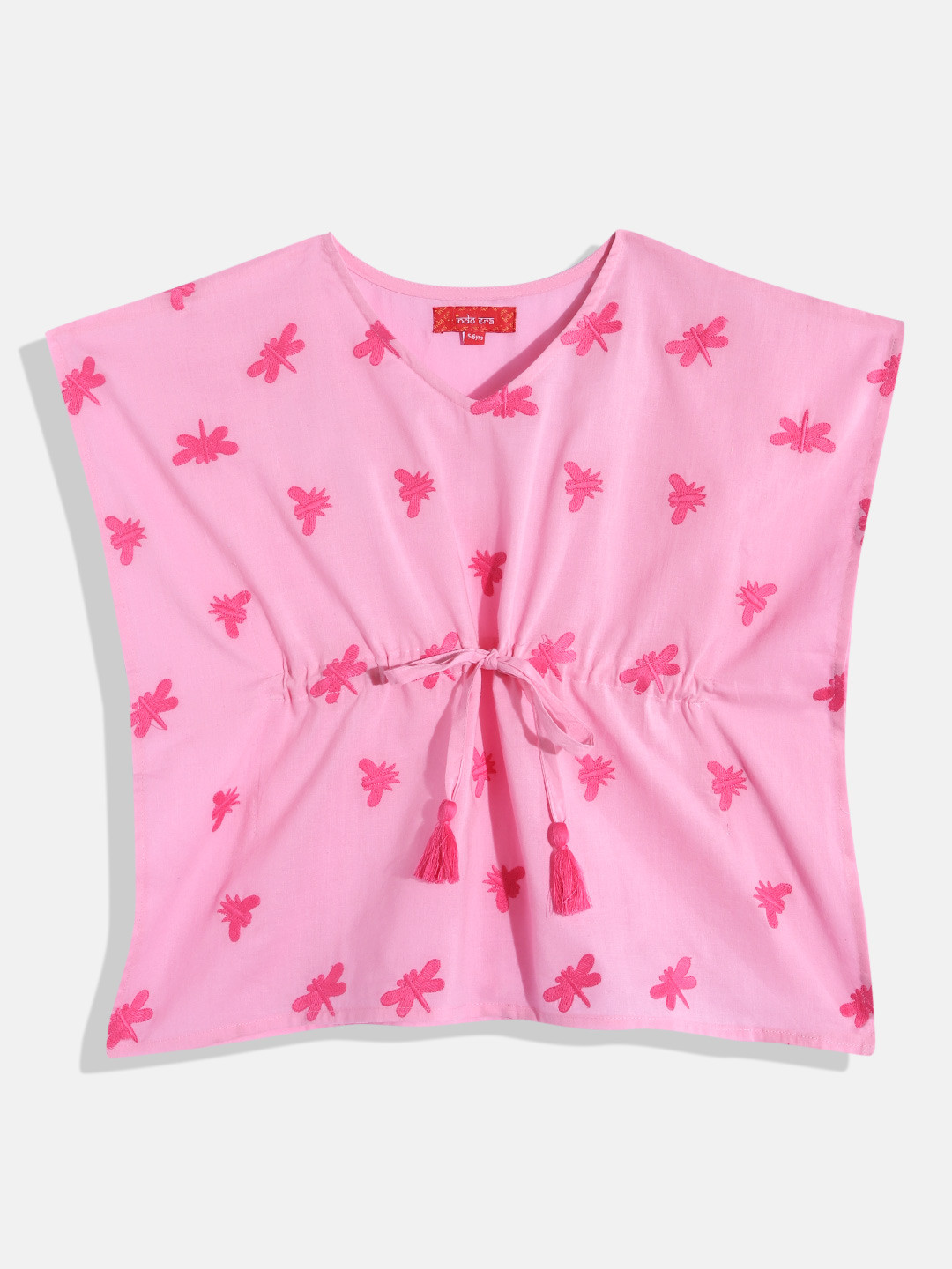 Indo Era Animal Embroidered Kimono Sleeve Cotton Kaftan Top