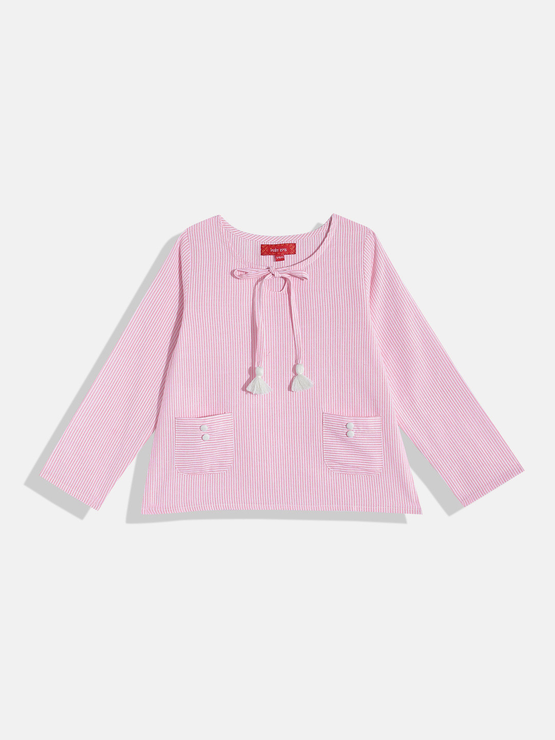 Indo Era Striped Tie-Up Neck Cotton High-Low Top