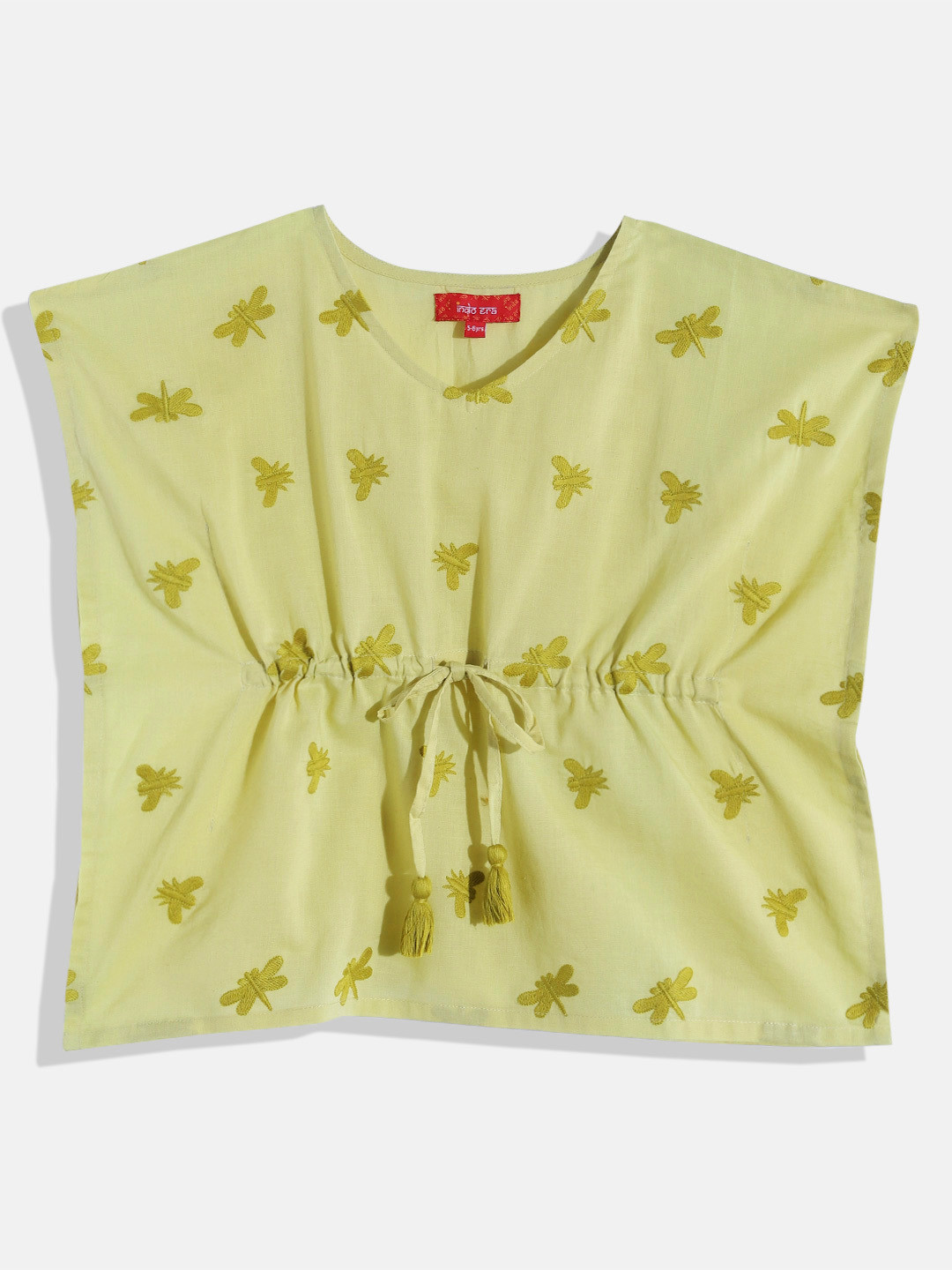 Indo Era Animal Embroidered Kimono Sleeve Cotton Kaftan Top