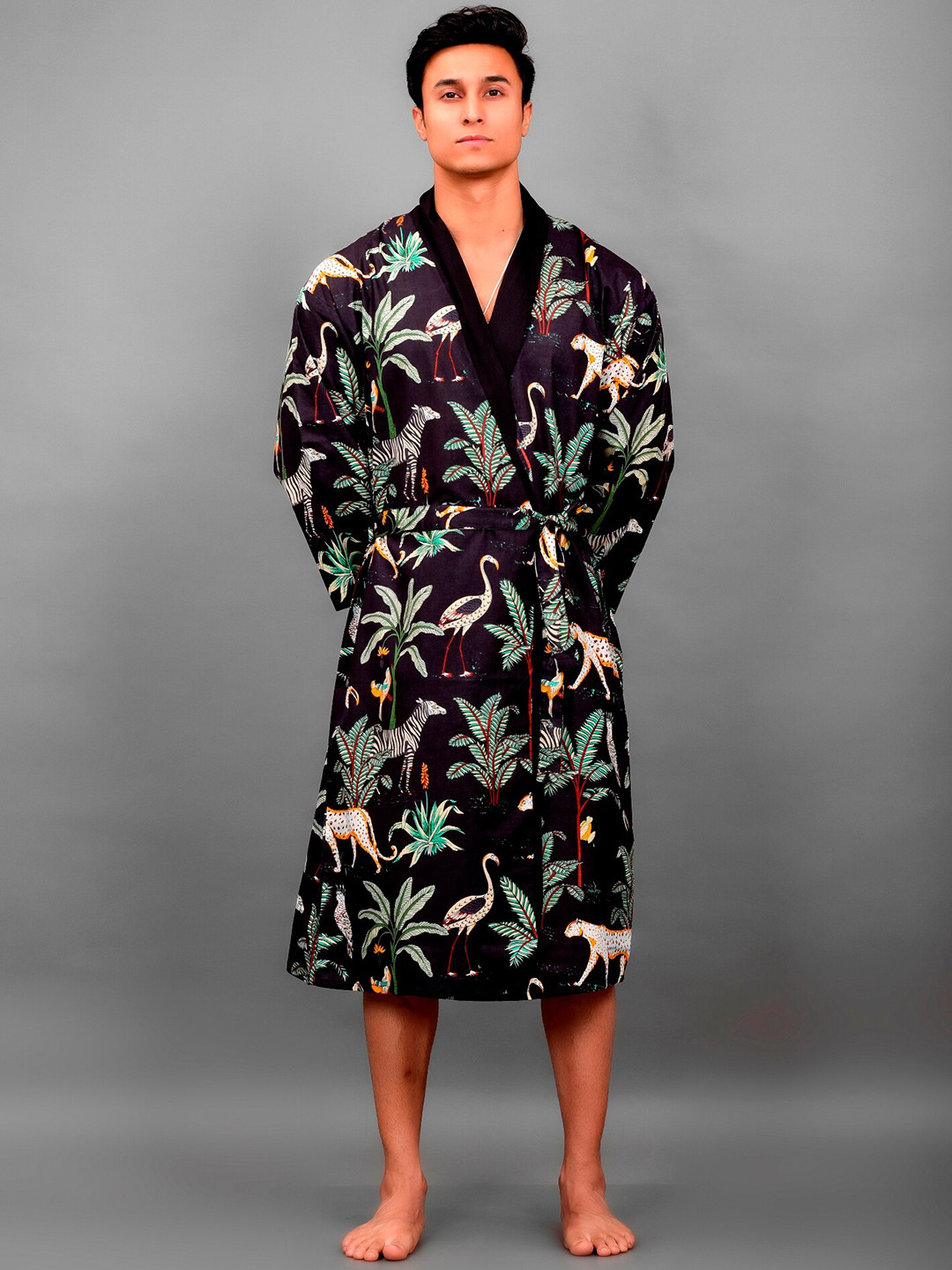 HANDICRAFT PALACE Animal Black Leaf Cotton Drawstring Midi Bath Robe