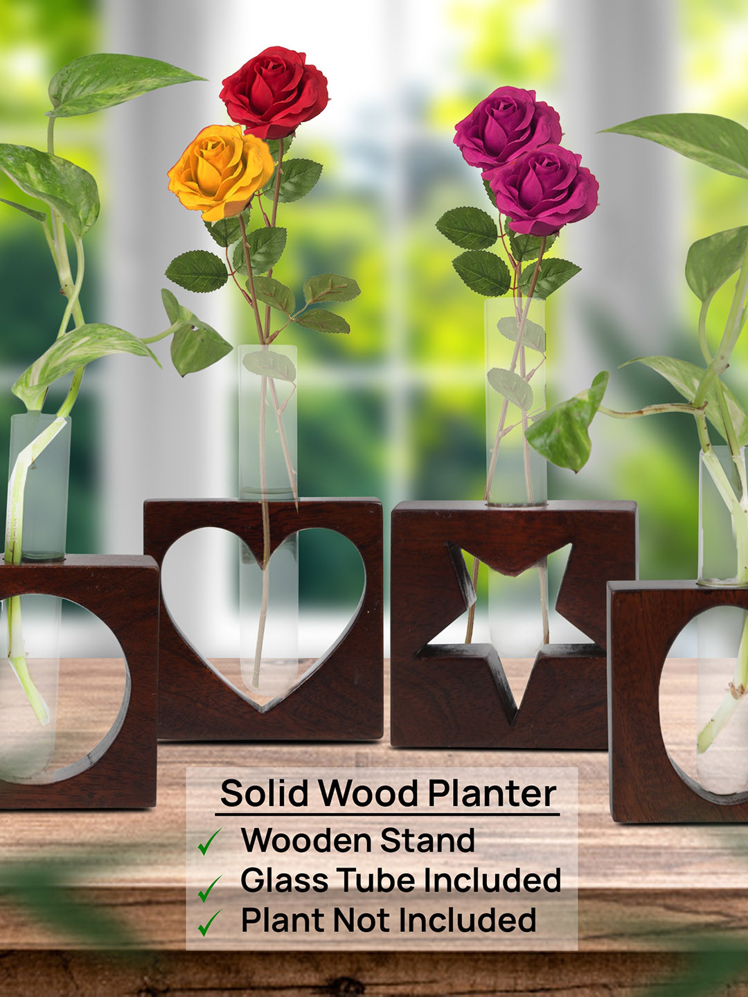 GLOBALLY INDIAN Transparent Glass Tube Planter With Brown Heart Shaped Wooden Stand