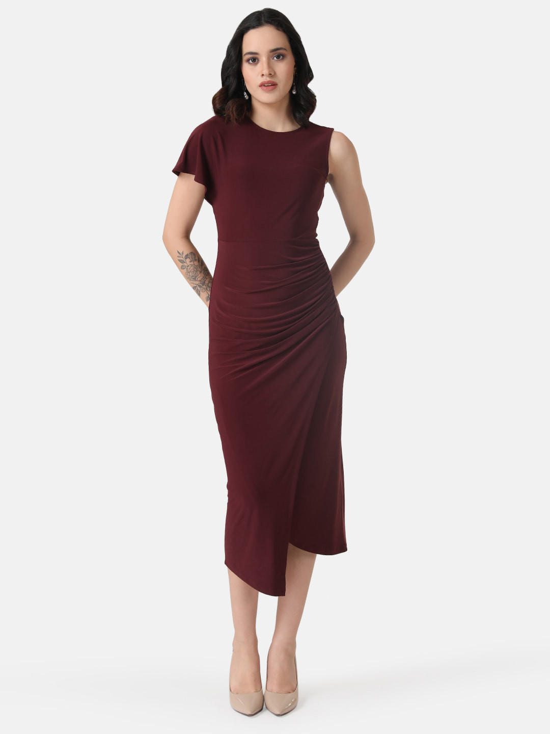 Kazo Round Neck Pleated Asymmetric Sheath Midi Dress