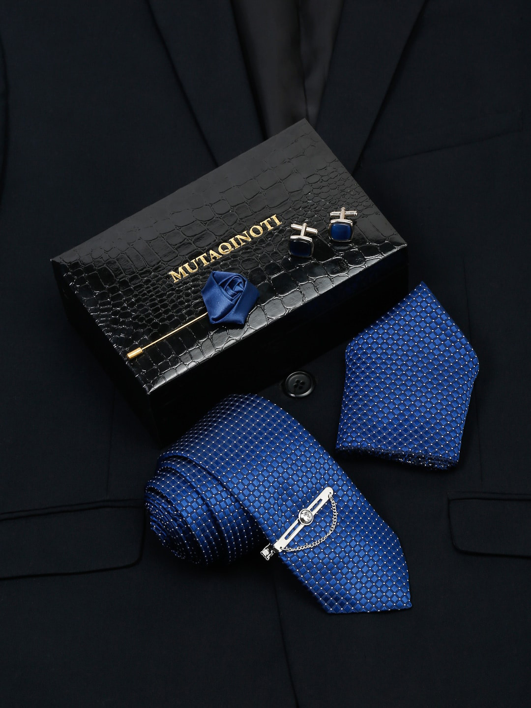 MUTAQINOTI Men Olympic Blue Silk Necktie Accessory Gift Set