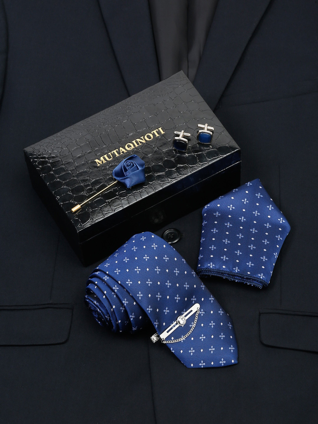 MUTAQINOTI Men Royal Blue Silk Necktie Accessory Gift Set