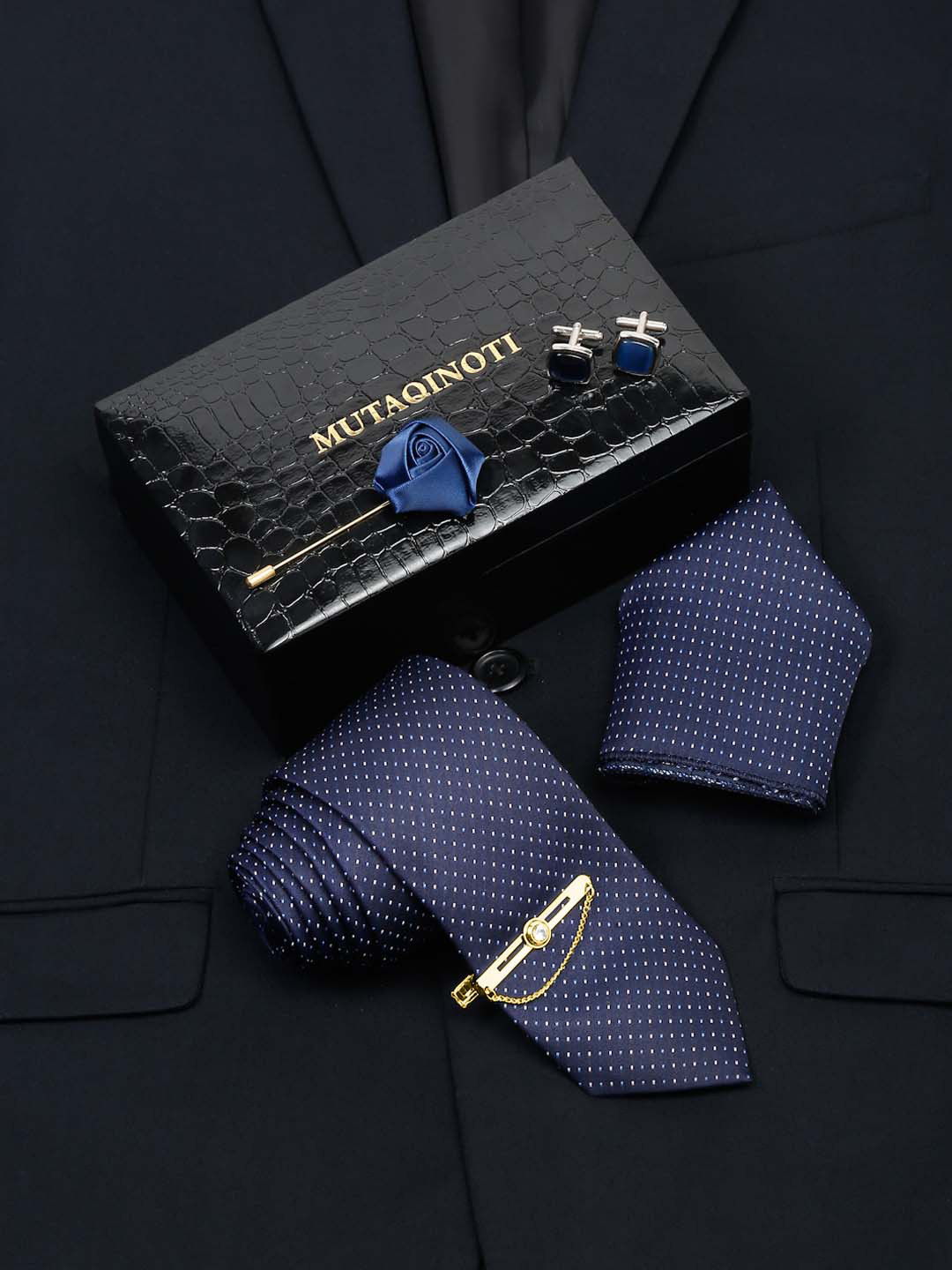 MUTAQINOTI Men Micro Textured Silk Necktie Accessory Gift Set