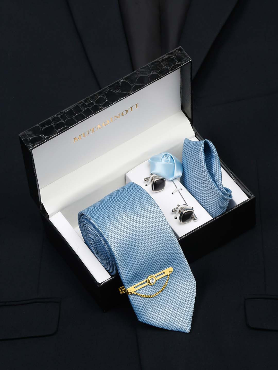 MUTAQINOTI Men Light Blue Silk Necktie Accessory Gift Set