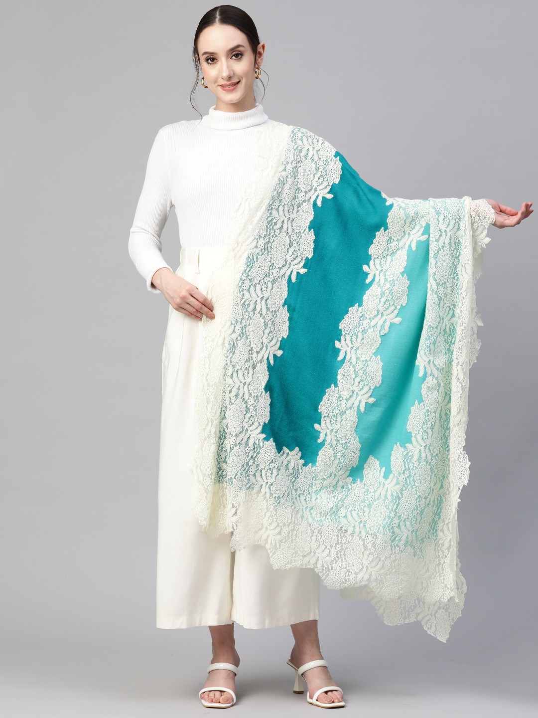 MODARTA Floral Embroidered Ombre with Valentino Lace Wool Shawl