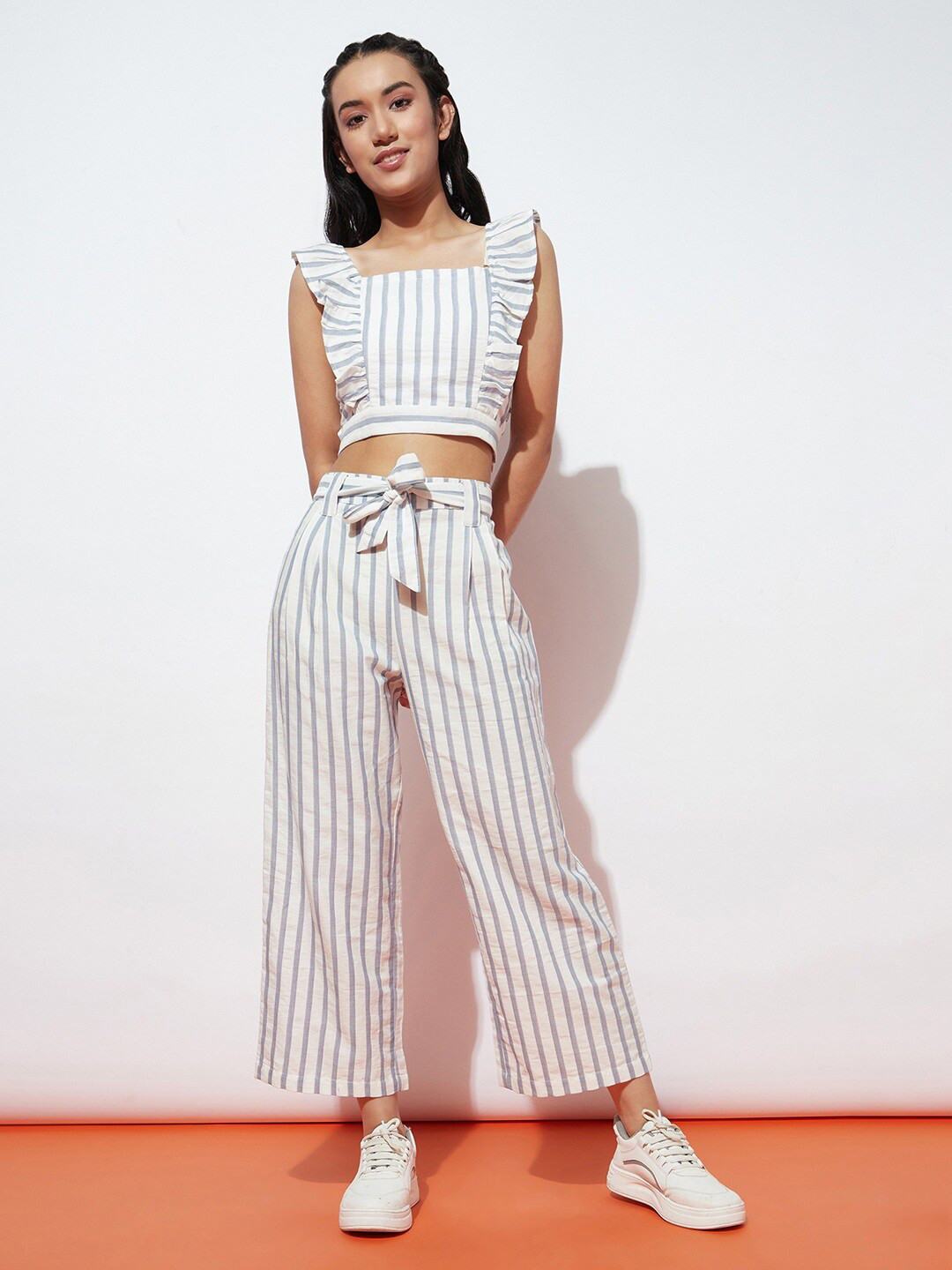 SPUNKIES Girls Blue Striped Pure Cotton Crop Top With Trousers Set