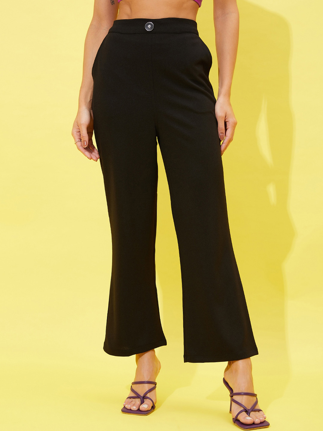 Athena Women Black Comfort High-Rise Plain Bootcut Wide Leg Trousers