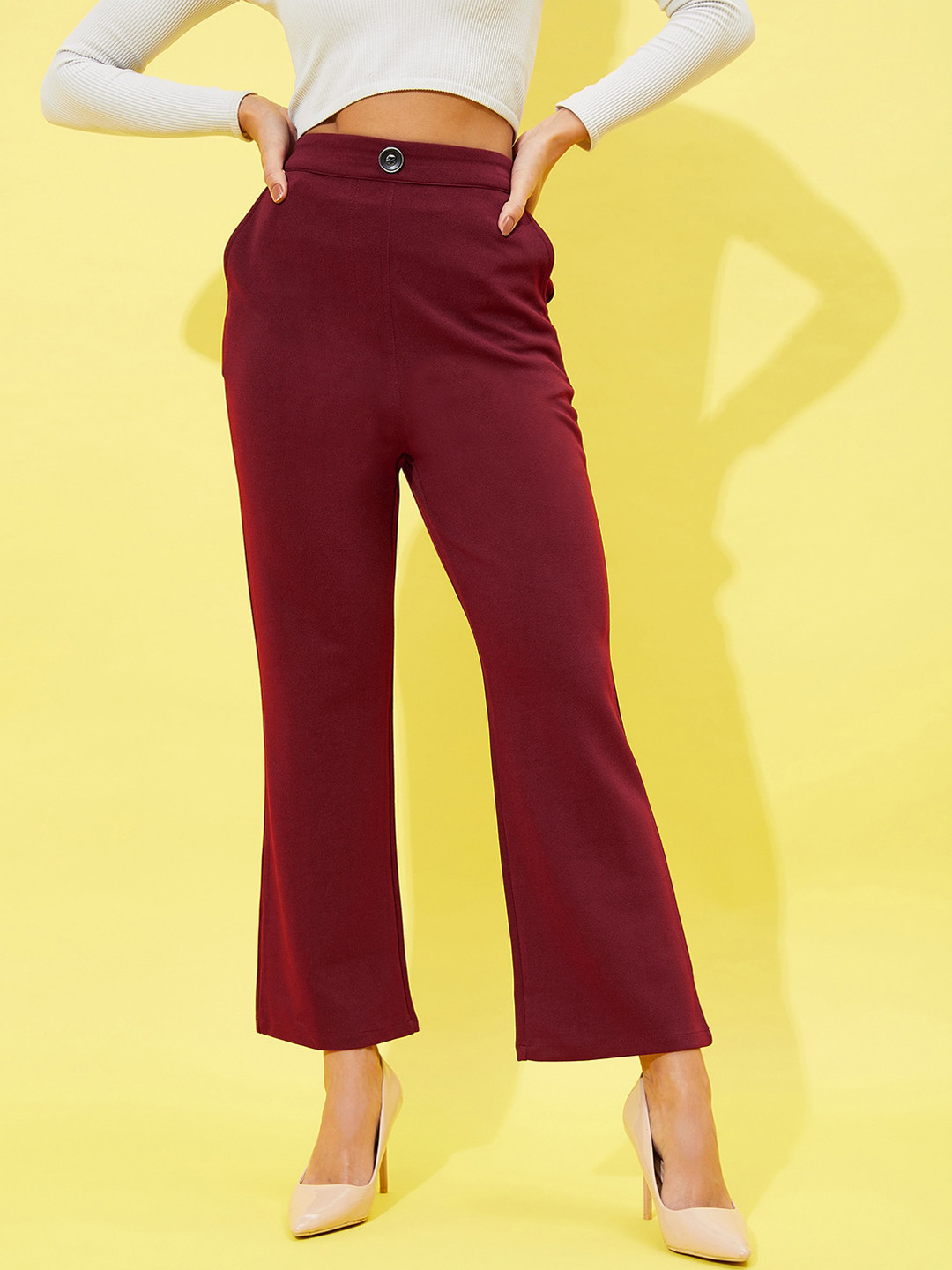 Athena Women Maroon Comfort High-Rise Plain Parallel Straight Fit Trousers