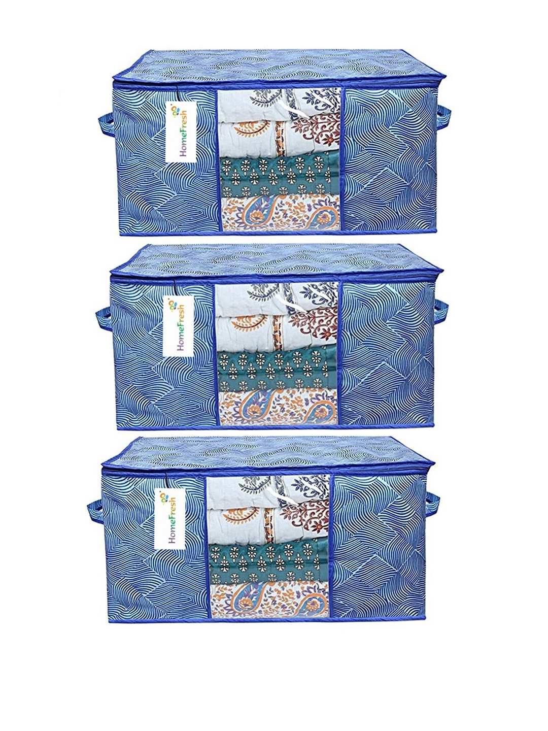 Home Fresh Blue 3 Pieces Lehriya Printed Canvas Multi Utility Organisers With Handle