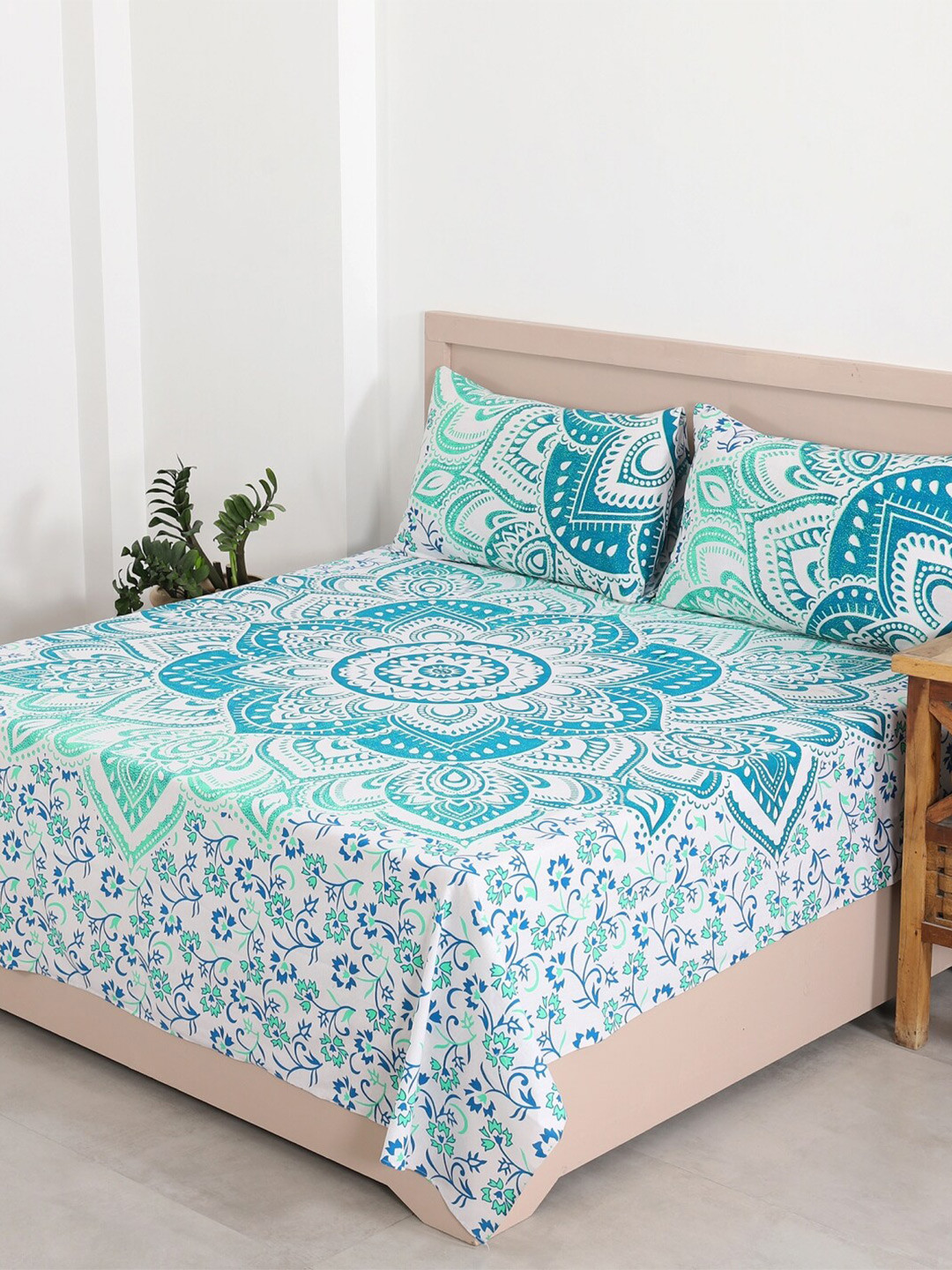 HANDICRAFT PALACE Flat_Maple_Dbs White Ethnic Motifs Cotton 144 TC Queen Bedsheet with 2 Pillow Covers-215 x 241 cm