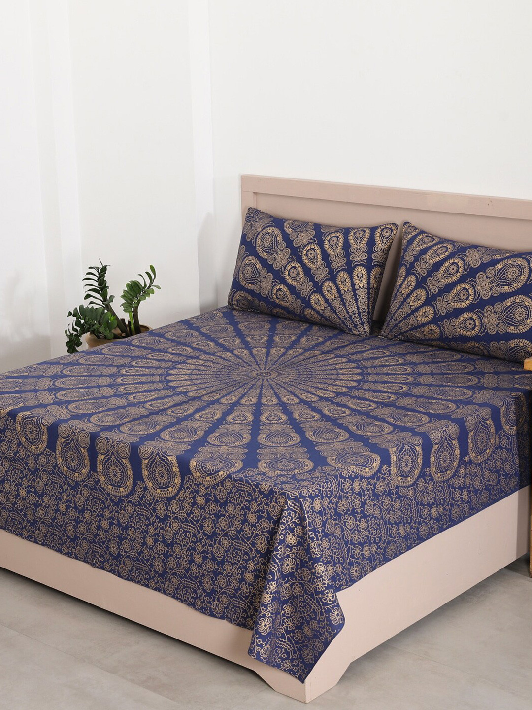 HANDICRAFT PALACE Blue Ethnic Motifs Cotton 144 TC Queen Bedsheet with 2 Pillow Covers-87 x 93 inches